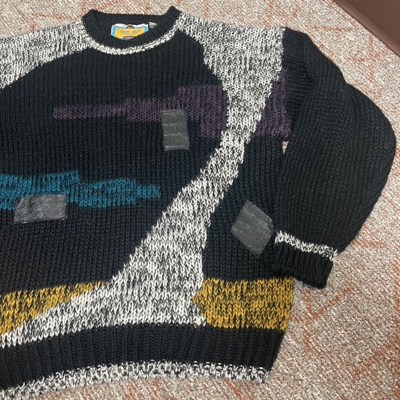 CODE ZERO Men’s Acrylic Geometric 1980’s Sweater Leather Patches Size Large - Picture 4 of 13